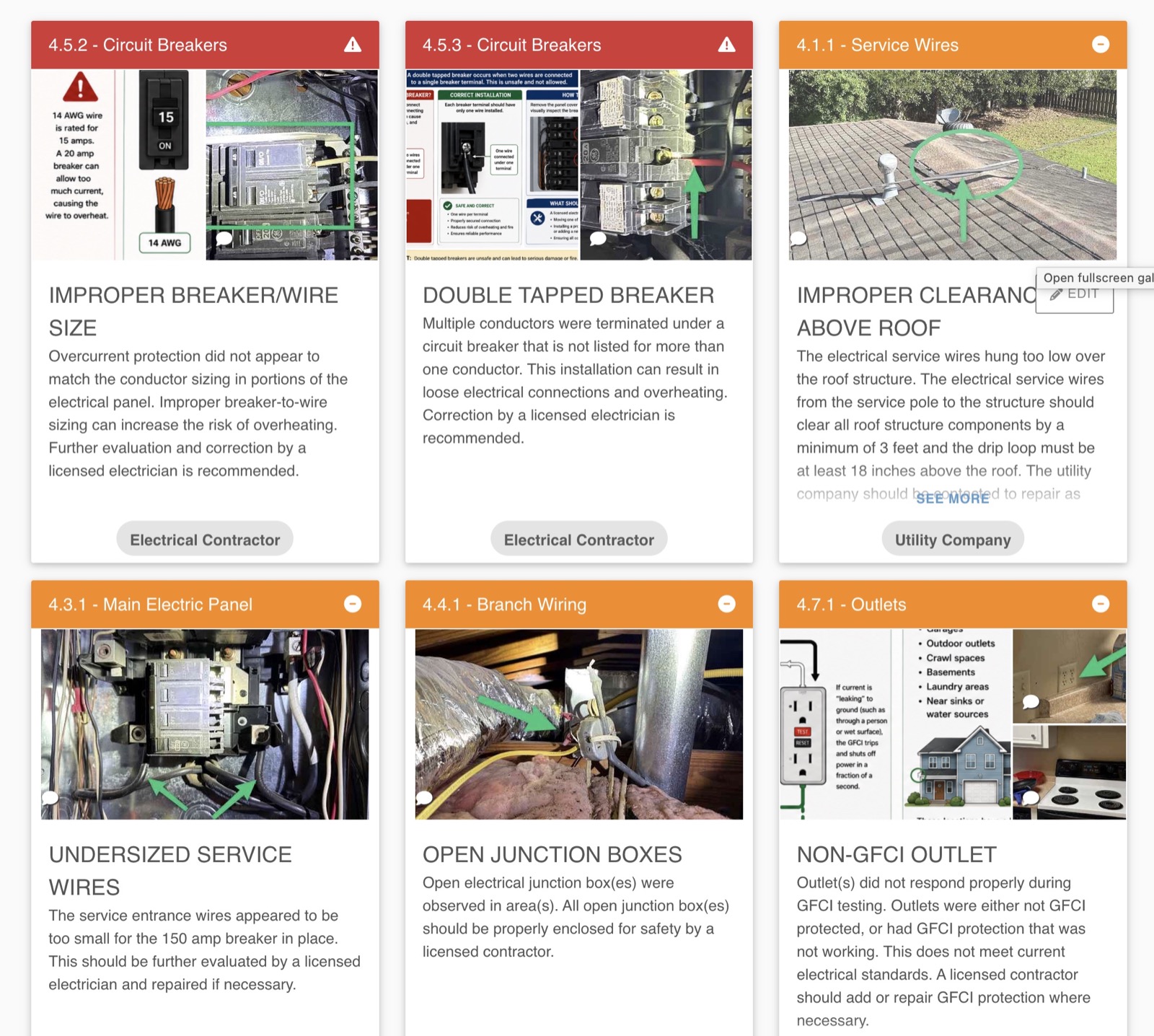 Southern Source report showing electrical findings with photos and repair recommendations